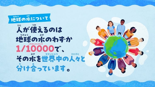 地球の水について 人が使えるのは地球の水のわずか1/10000で、その水を世界中の人々と分け合っています。
